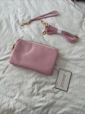 NWT Jen & Co. Pink Pebbled Leather Wristlet Clutch with Detachable Straps